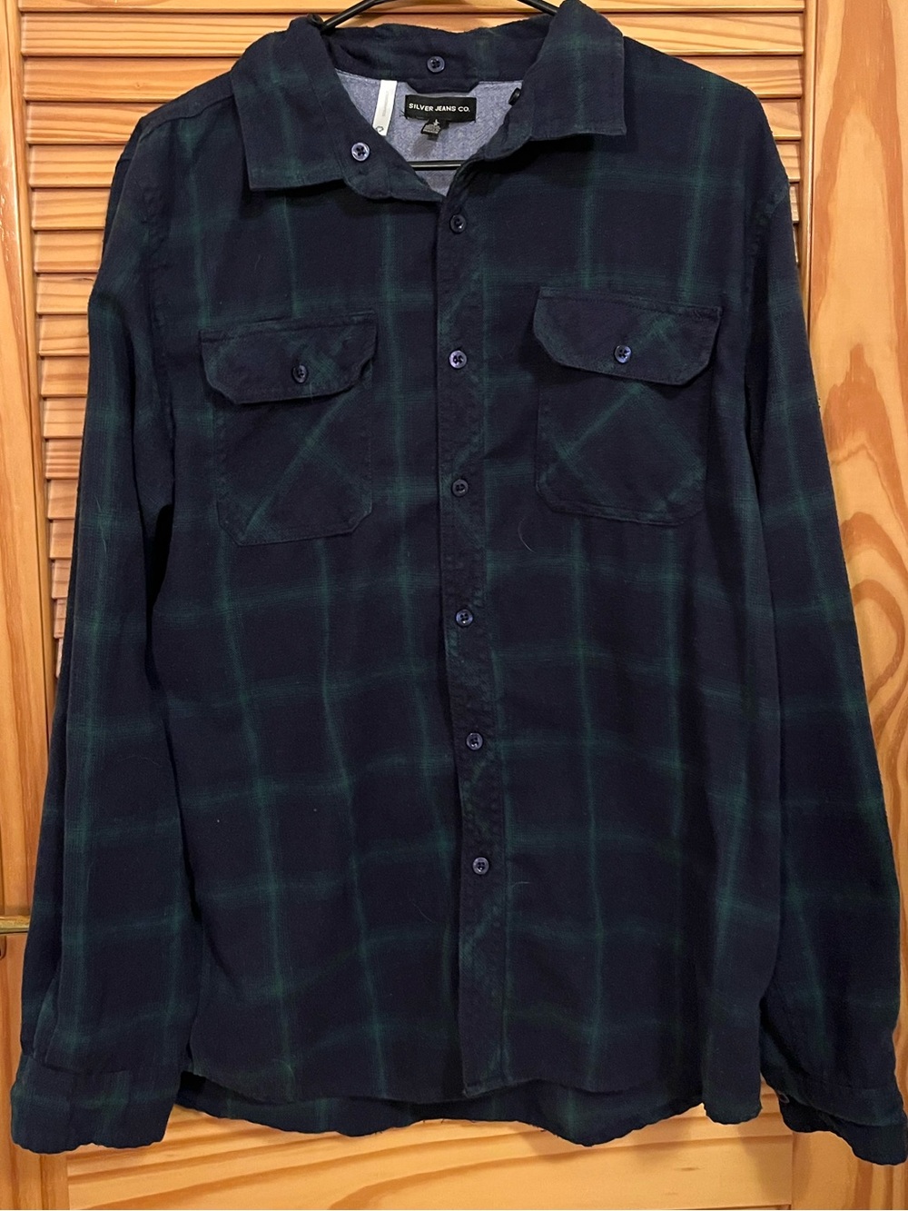 Silver Jeans Navy and Green Plaid Button-Up Shirt L